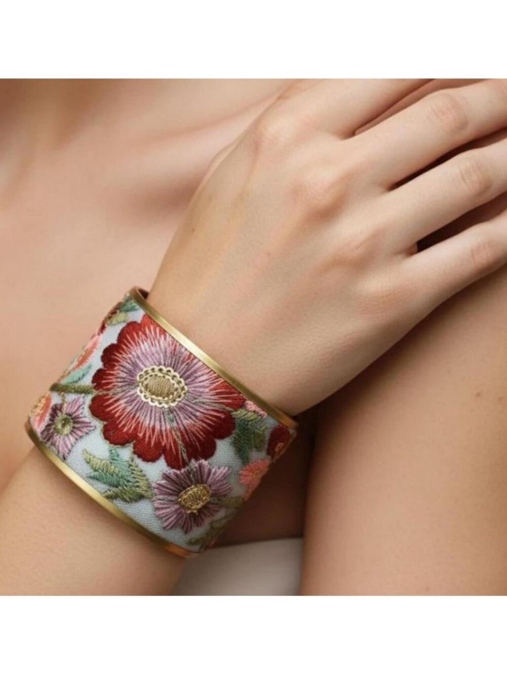 Rust Rose Pink Embroidered Brushed Gold tone Vintage Inspired Cuff Bracelet - Picture 4 of 11
